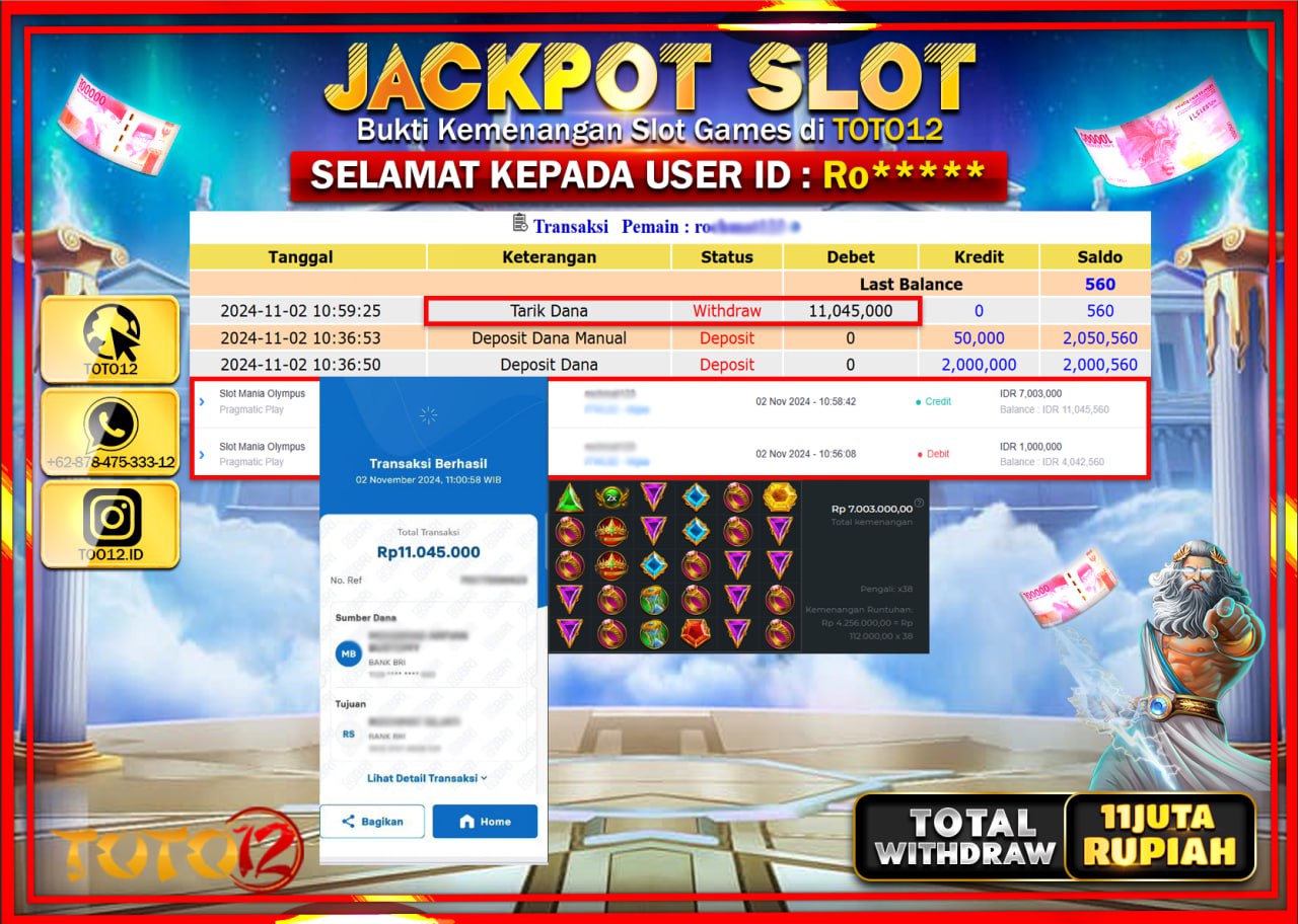 HANYA DI TOTO12 JP PASTI DI BAYAR LUNAS DAN CEPAT!!!!!! JACKPOT SLOT GAME (SLOT MANIA OLYMPUS) Rp.11.000.000 !!!!