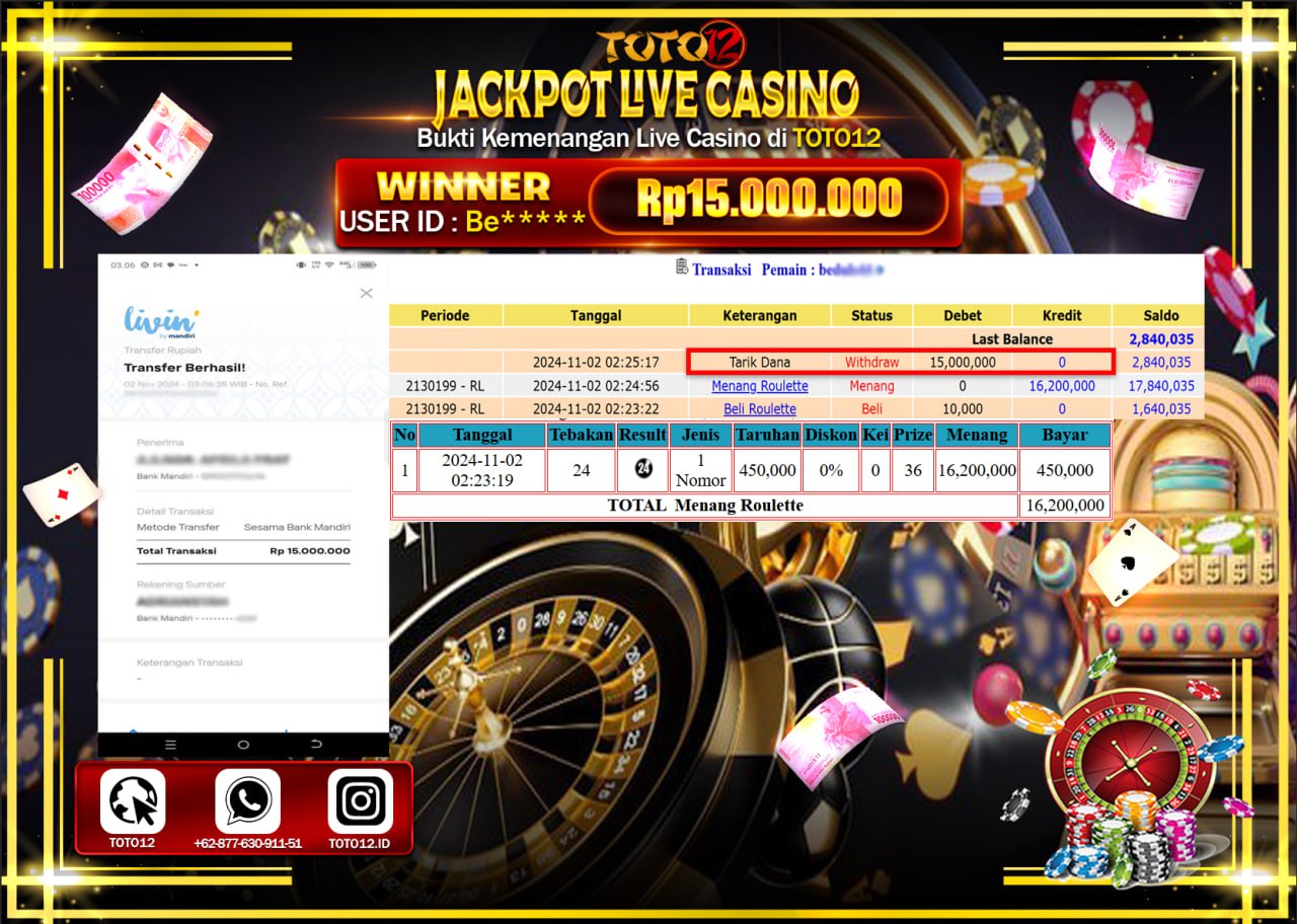 HANYA DI TOTO12 JP PASTI DI BAYAR LUNAS DAN CEPAT!!!!!! JACKPOT LIVE GAME CASINO (ROULETTE) Rp.15.000.000 !!!!