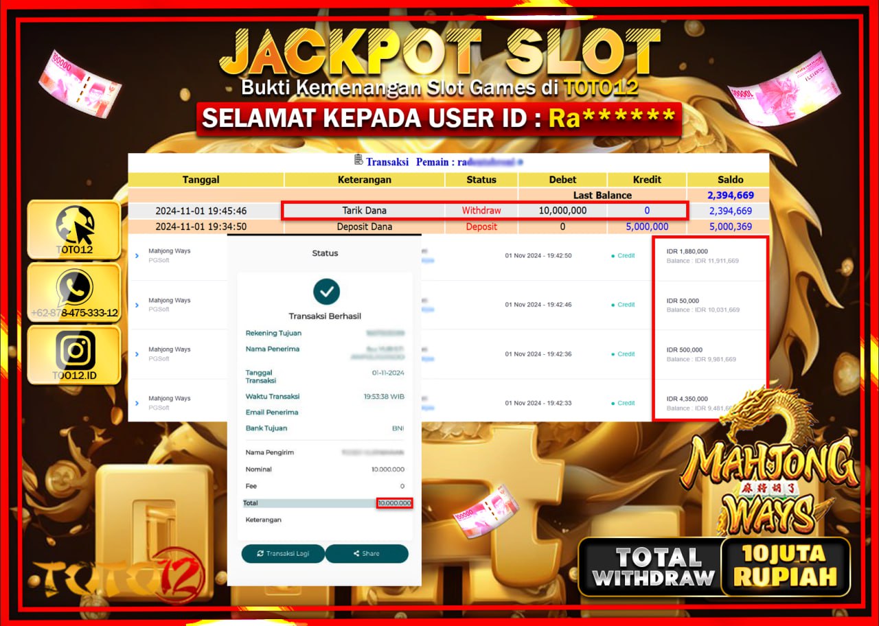 HANYA DI TOTO12 JP PASTI DI BAYAR LUNAS DAN CEPAT!!!!!! JACKPOT SLOT GAME (MAHJONG WAYS) Rp.10.000.000 !!!!