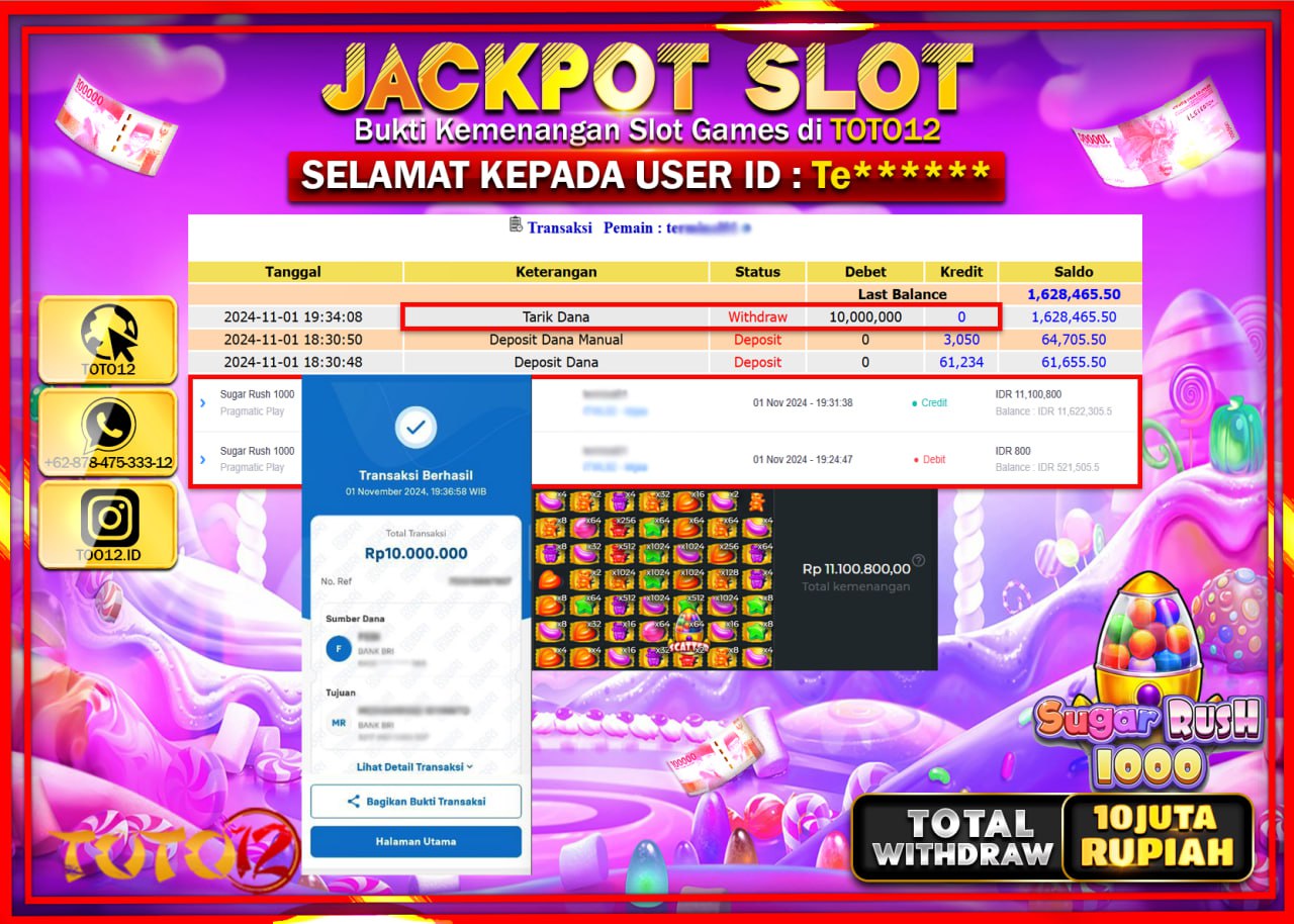 HANYA DI TOTO12 JP PASTI DI BAYAR LUNAS DAN CEPAT!!!!!! JACKPOT SLOT GAME (SUGAR RUSH 1000) Rp.10.000.000 !!!!