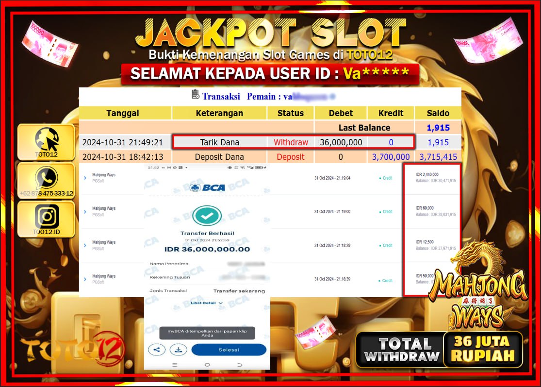 HANYA DI TOTO12 JP PASTI DI BAYAR LUNAS DAN CEPAT!!!!!! JACKPOT SLOT GAME (MAHJONG WAYS) Rp.36.000.000 !!!!