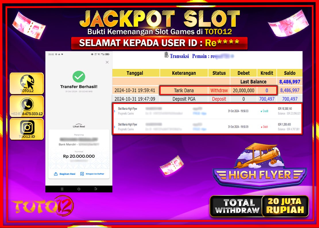 HANYA DI TOTO12 JP PASTI DI BAYAR LUNAS DAN CEPAT!!!!!! JACKPOT SLOT GAME (MANIA HIGH FLYER) Rp.20.000.000 !!!!