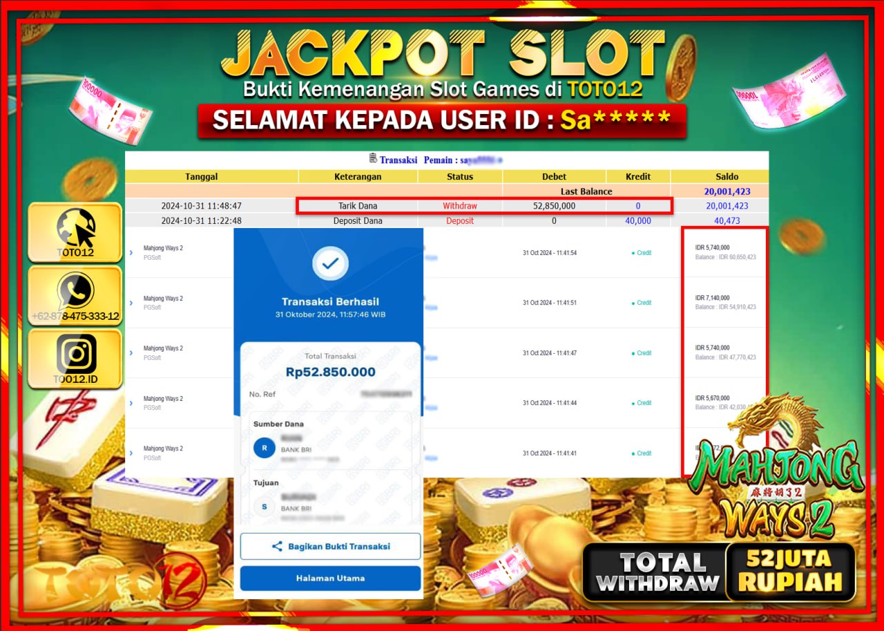 HANYA DI TOTO12 JP PASTI DI BAYAR LUNAS DAN CEPAT!!!!!! JACKPOT SLOT GAME (MAHJONG WAYS 2) Rp.52.000.000 !!!!