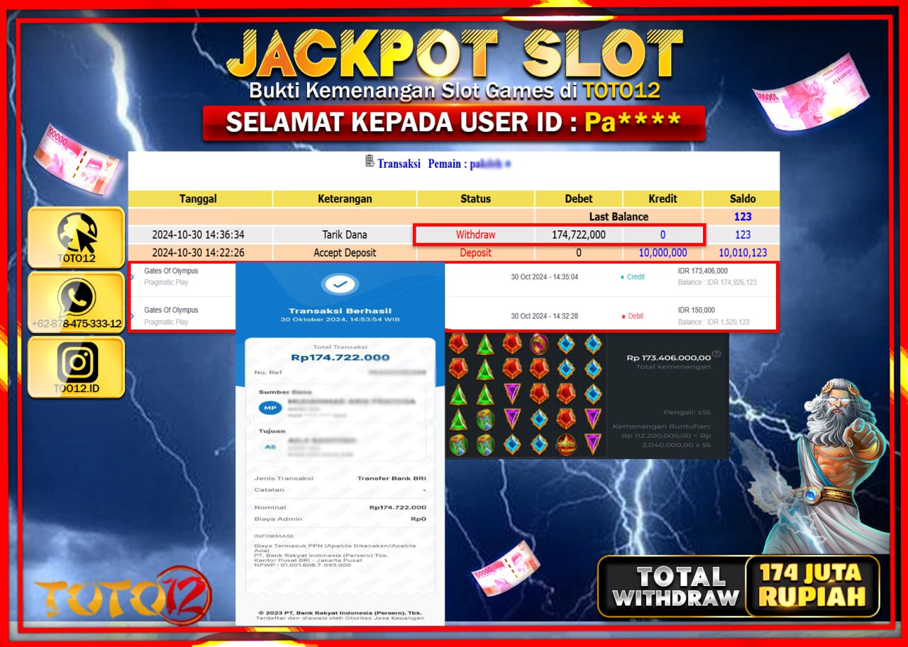 HANYA DI TOTO12 JP PASTI DI BAYAR LUNAS DAN CEPAT!!!!!! JACKPOT SLOT GAME (GATES OF OLYMPUS 1000) Rp.174.000.000 !!!!