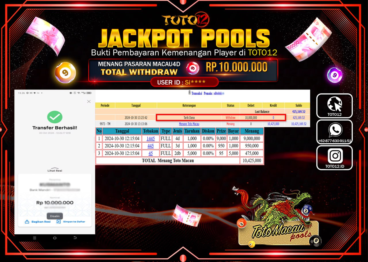 HANYA DI TOTO12 JP PASTI DI BAYAR LUNAS DAN CEPAT!!!!!! JACKPOT POOLS PASARAN (TOTO MACAU) Rp.10.000.000 !!!!