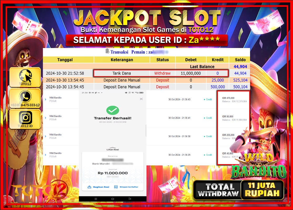 HANYA DI TOTO12 JP PASTI DI BAYAR LUNAS DAN CEPAT!!!!!! JACKPOT SLOT GAME (WILD BANDITO) Rp.11.000.000 !!!!