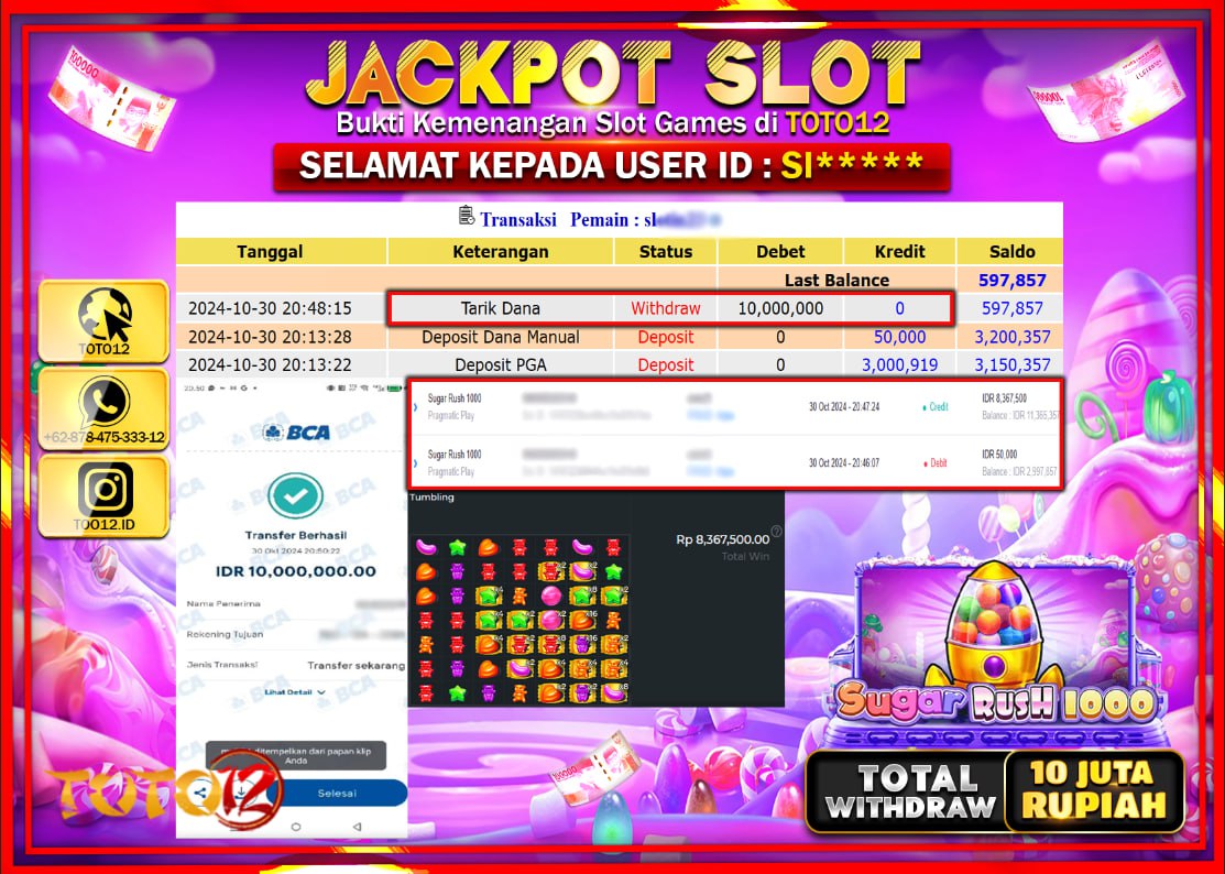 HANYA DI TOTO12 JP PASTI DI BAYAR LUNAS DAN CEPAT!!!!!! JACKPOT SLOT GAME (SUGAR RUSH 1000) Rp.10.000.000 !!!!