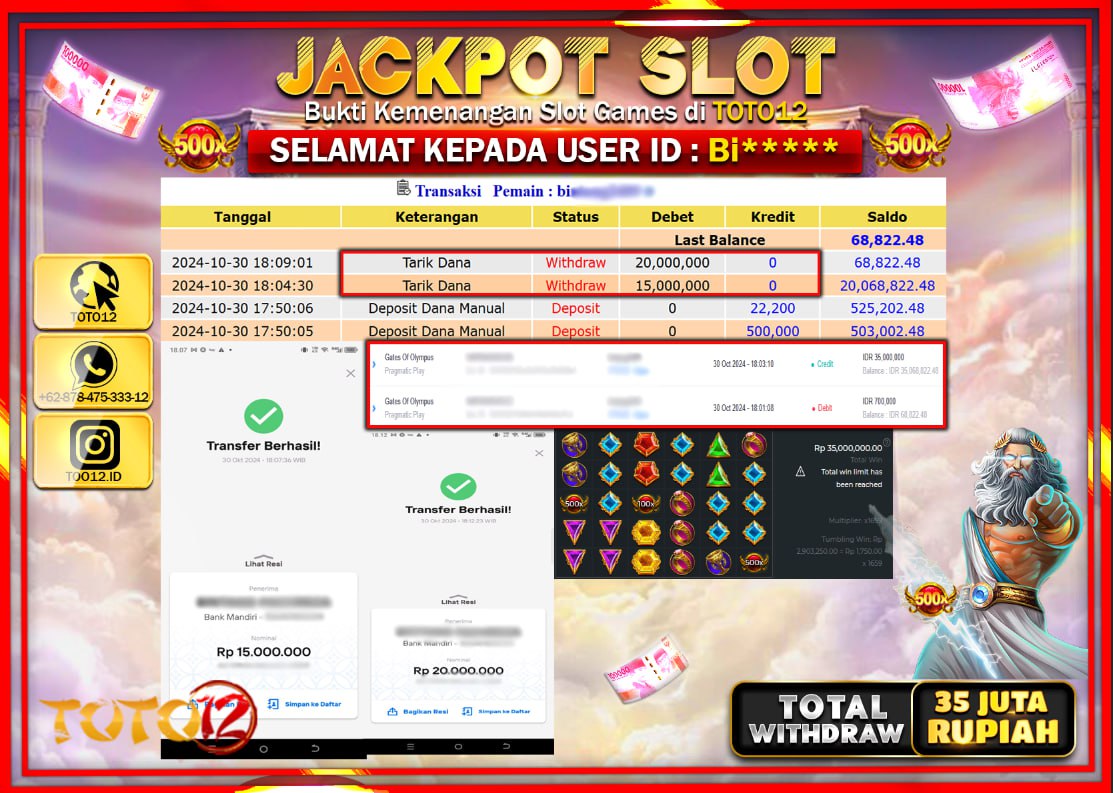 HANYA DI TOTO12 JP PASTI DI BAYAR LUNAS DAN CEPAT!!!!!! JACKPOT SLOT GAME (GATES OF OLYMPUS) Rp.35.000.000 !!!!