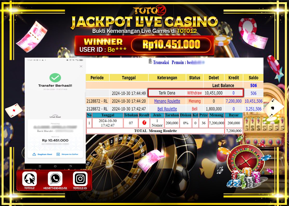 HANYA DI TOTO12 JP PASTI DI BAYAR LUNAS DAN CEPAT!!!!!! JACKPOT LIVE GAME CASINO (ROULETTE) Rp.10.451.000 !!!!