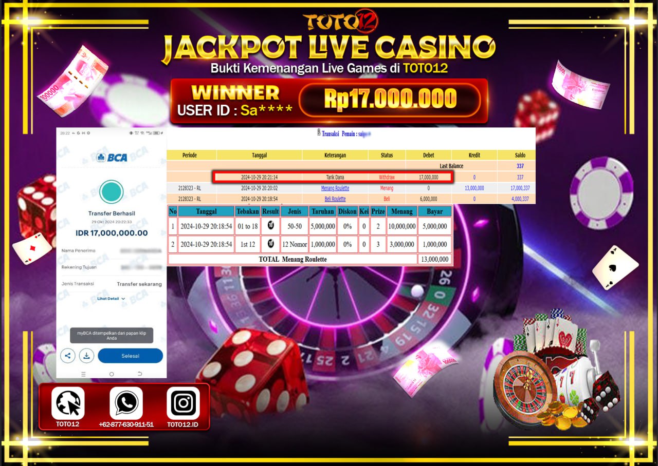 HANYA DI TOTO12 JP PASTI DI BAYAR LUNAS DAN CEPAT!!!!!! JACKPOT LIVE GEME CASINO (ROULETTE) Rp.17.000.000 !!!!