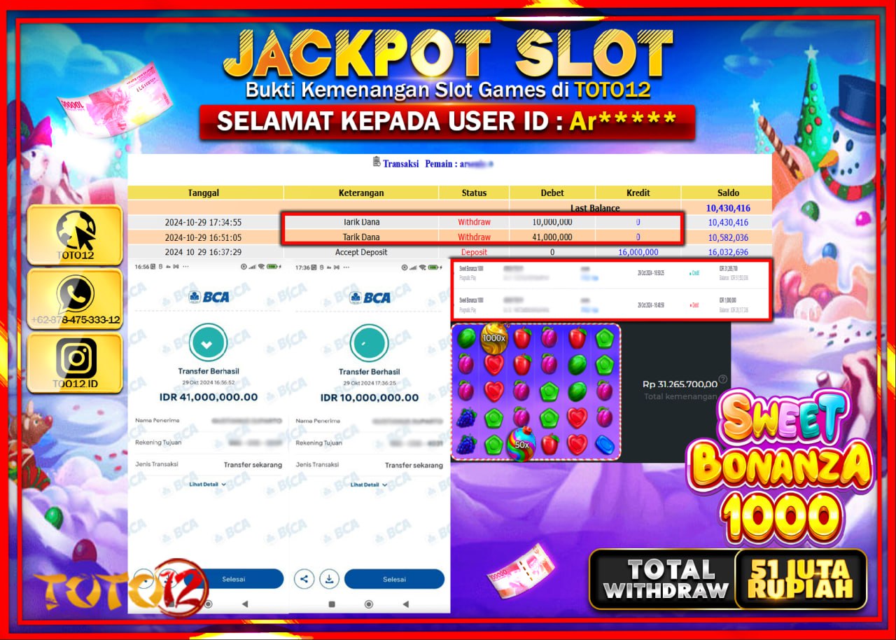 HANYA DI TOTO12 JP PASTI DI BAYAR LUNAS DAN CEPAT!!!!!! JACKPOT SLOT GAME (SWEET BONANZA 1000) Rp.51.000.000 !!!!