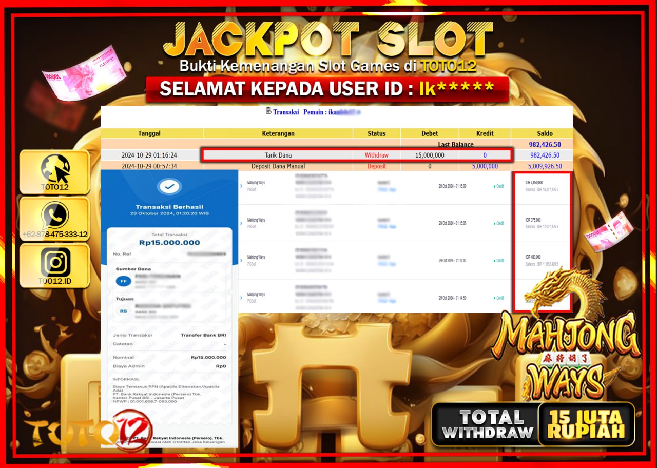 HANYA DI TOTO12 JP PASTI DI BAYAR LUNAS DAN CEPAT!!!!!! JACKPOT SLOT GAME (MAHJONG WAYS) Rp.15.000.000 !!!!