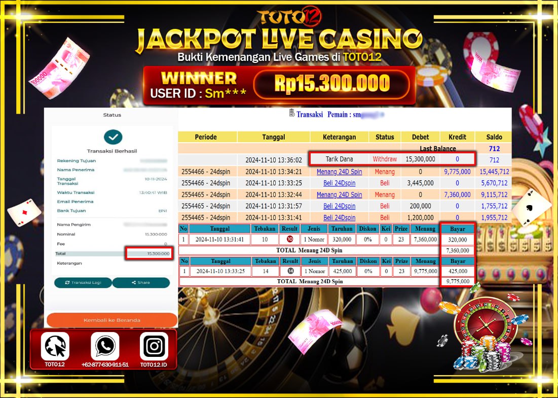 HANYA DI TOTO12 JP PASTI DI BAYAR LUNAS DAN CEPAT!!!!!! JACKPOT LIVE GAME CASINO (24D SPIN) Rp.15.300.000 !!!!