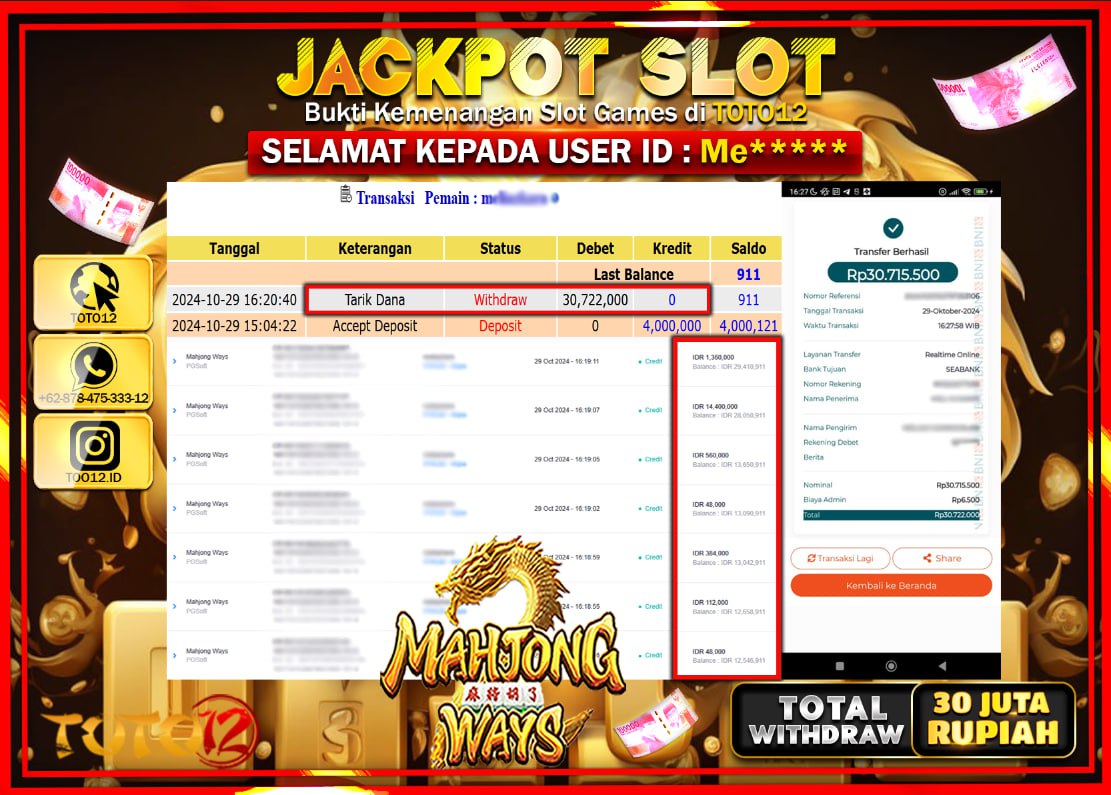 HANYA DI TOTO12 JP PASTI DI BAYAR LUNAS DAN CEPAT!!!!!! JACKPOT SLOT GAME (MAHJONG WAYS) Rp.30.000.000 !!!!