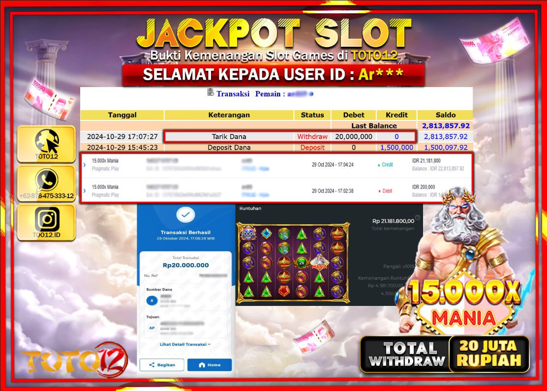 HANYA DI TOTO12 JP PASTI DI BAYAR LUNAS DAN CEPAT!!!!!! JACKPOT SLOT GAME (15.000X MANIA) Rp.20.000.000 !!!!