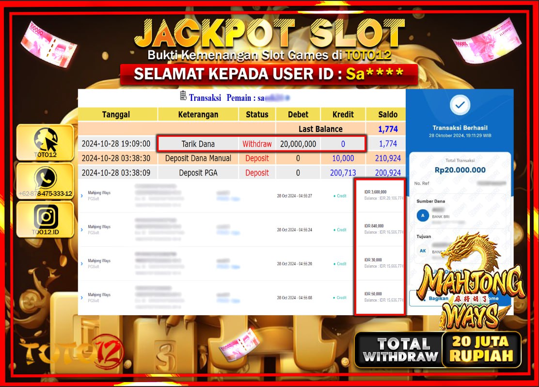 HANYA DI TOTO12 JP PASTI DI BAYAR LUNAS DAN CEPAT!!!!!! JACKPOT SLOT GAME (MAHJONG WAYS) Rp.20.000.000 !!!!