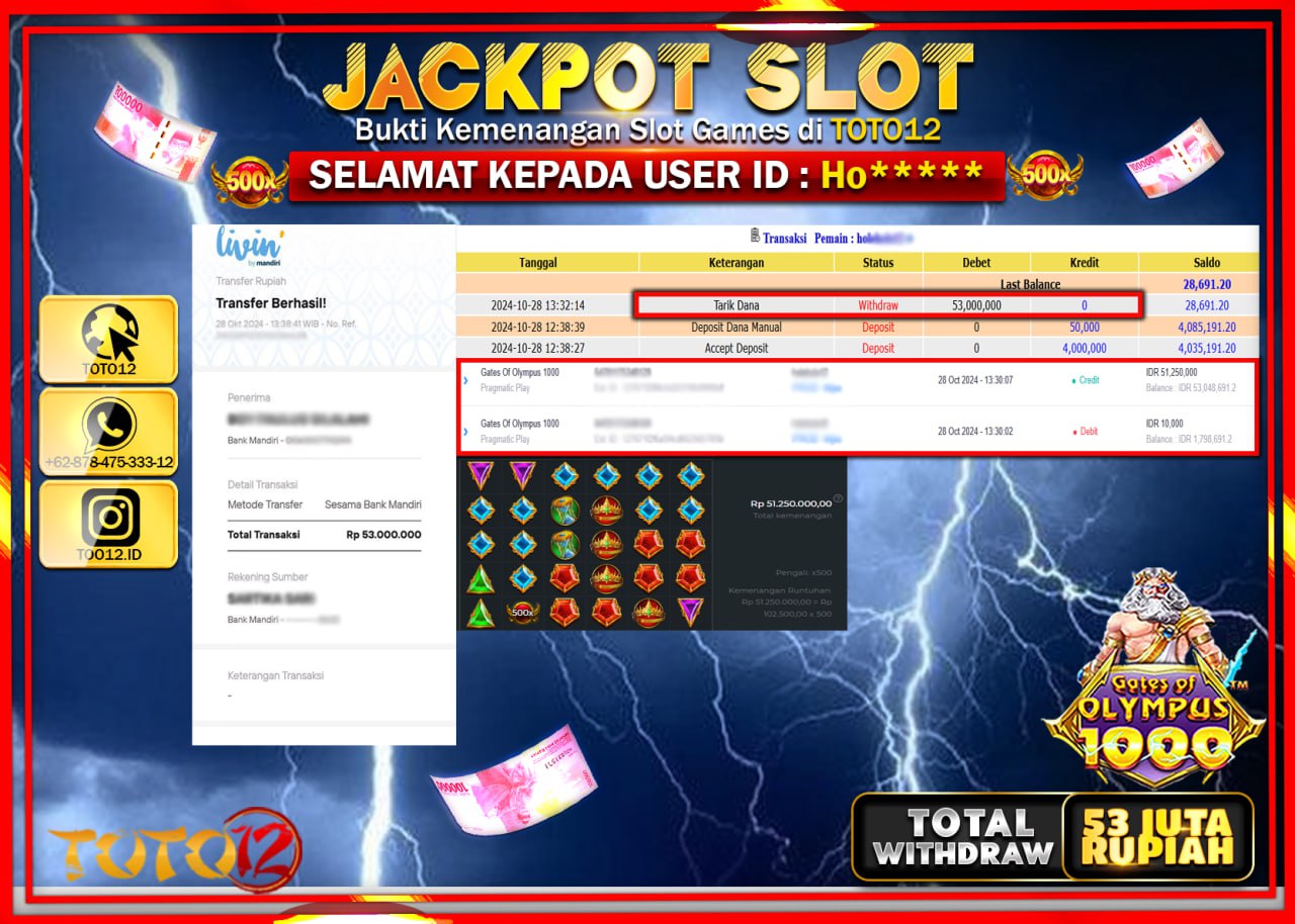 HANYA DI TOTO12 JP PASTI DI BAYAR LUNAS DAN CEPAT!!!!!! JACKPOT SLOT GAME (GATES OF OLYMPUS 1000) Rp.53.000.000 !!!!
