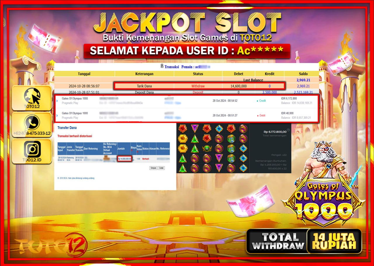 HANYA DI TOTO12 JP PASTI DI BAYAR LUNAS DAN CEPAT!!!!!! JACKPOT SLOT GAME (GATES OF OLYMPUS 1000) Rp.14.000.000 !!!!
