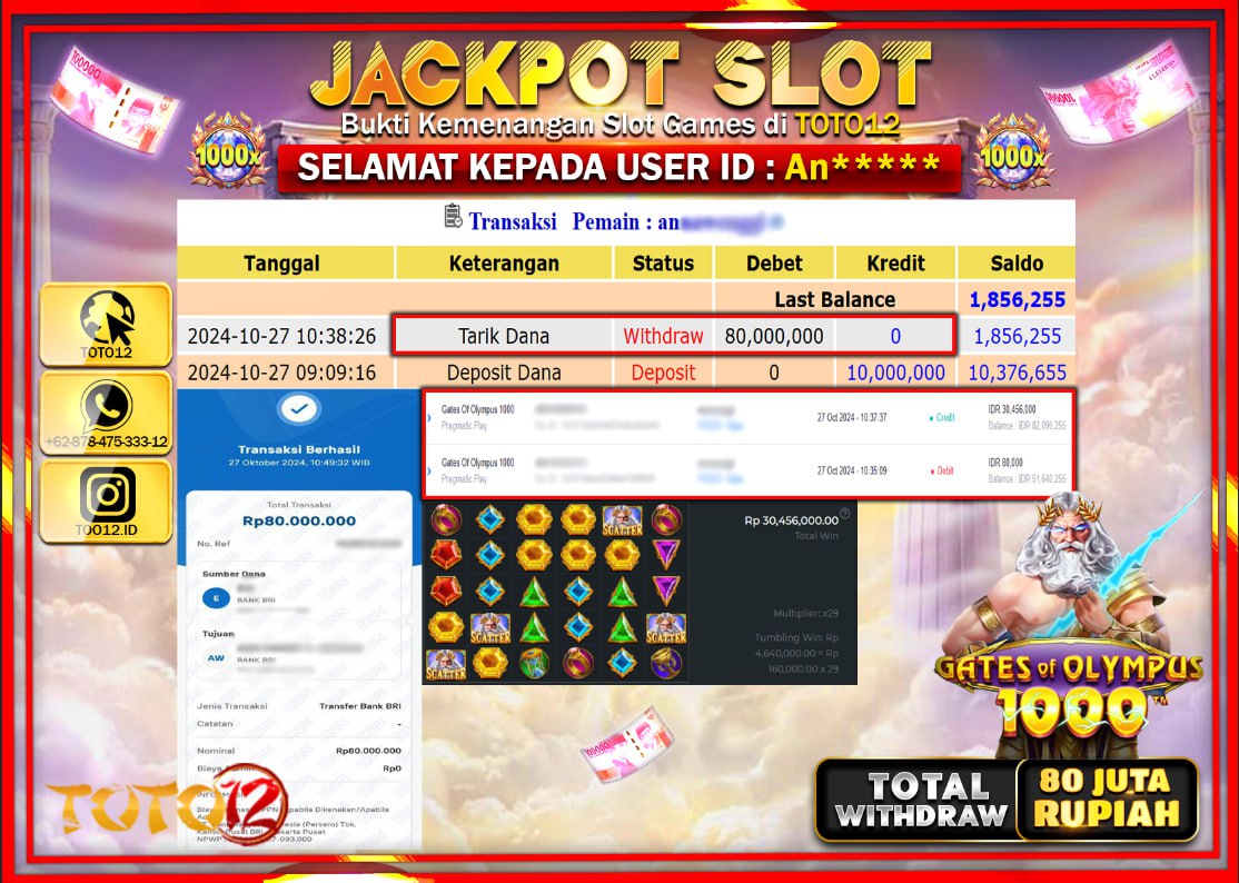 HANYA DI TOTO12 JP PASTI DI BAYAR LUNAS DAN CEPAT!!!!!! JACKPOT SLOT GAME (GATES OF OLYMPUS 1000) Rp.80.000.000 !!!!