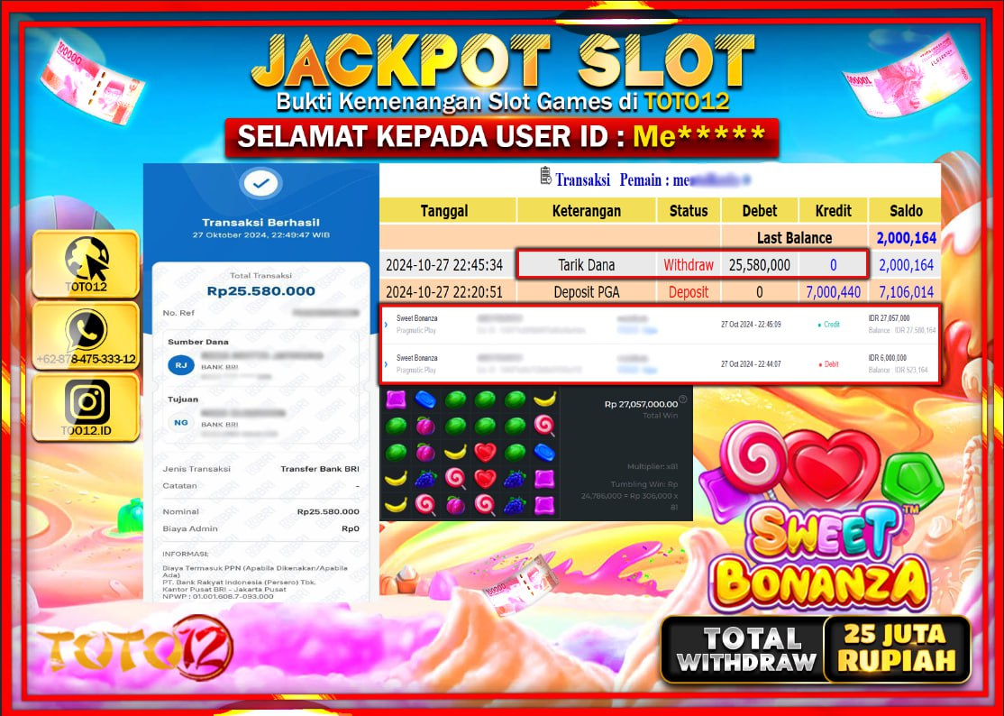 HANYA DI TOTO12 JP PASTI DI BAYAR LUNAS DAN CEPAT!!!!!! JACKPOT SLOT GAME (SWEET BONANZA) Rp.25.000.000 !!!!