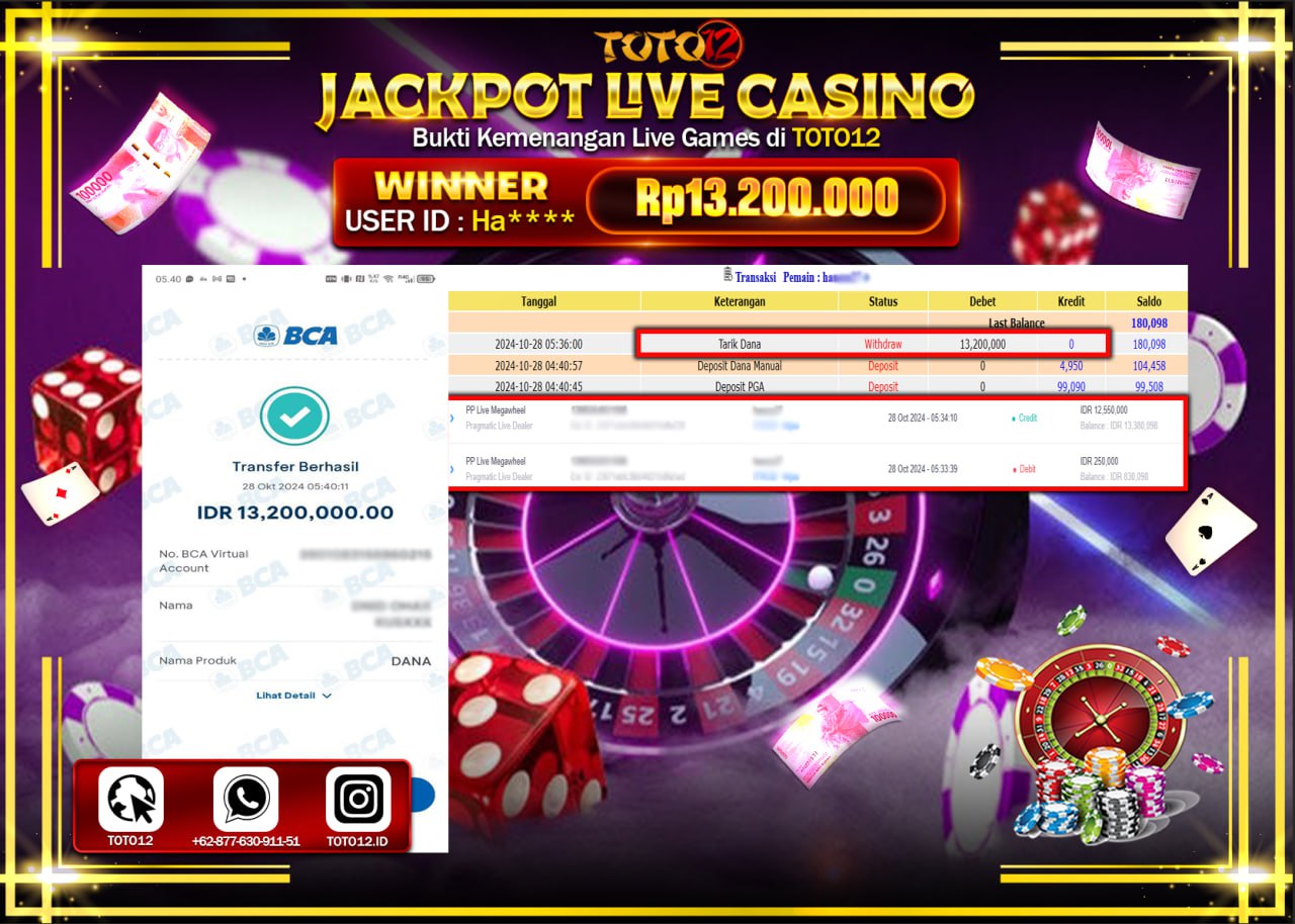 HANYA DI TOTO12 JP PASTI DI BAYAR LUNAS DAN CEPAT!!!!!! JACKPOT LIVE GAME CASINO (PP LIVE MEGAWHEEL) Rp.13.200.000 !!!!