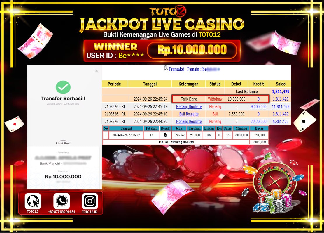 HANYA DI TOTO12 JP PASTI DI BAYAR LUNAS DAN CEPAT!!!!!! JACKPOT LIVE GAMES CASINO  ( ROULETTE ) Rp.10.000.000 !!!!
