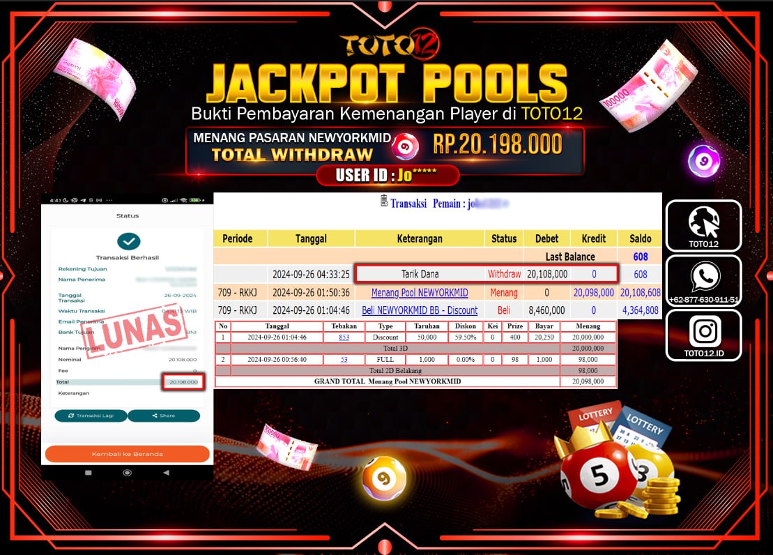HANYA DI TOTO12 JP PASTI DI BAYAR LUNAS DAN CEPAT!!!!!! JACKPOT POOLS MENANG PASARAN ( NEWYORKMID ) Rp.20.198.000 !!!!