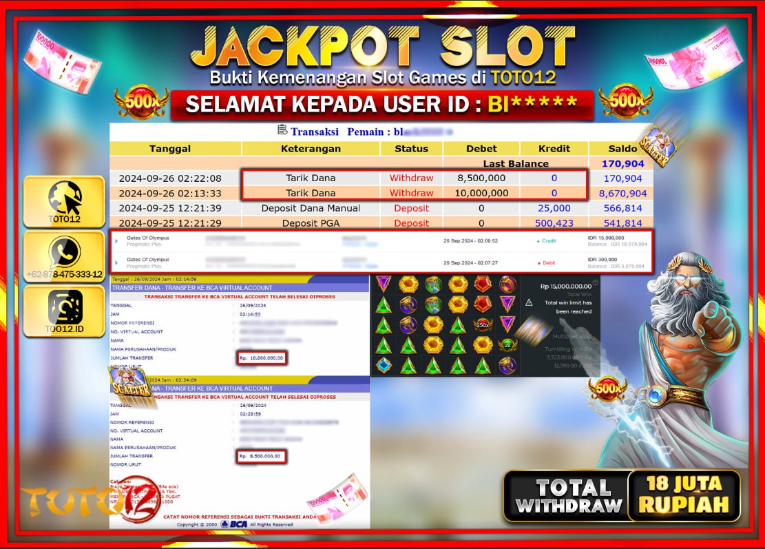 HANYA DI TOTO12 JP PASTI DI BAYAR LUNAS DAN CEPAT!!!!!! JACKPOT SLOT GAME ( GATES OF OLYMPUS ) Rp.18.000.000 !!!!