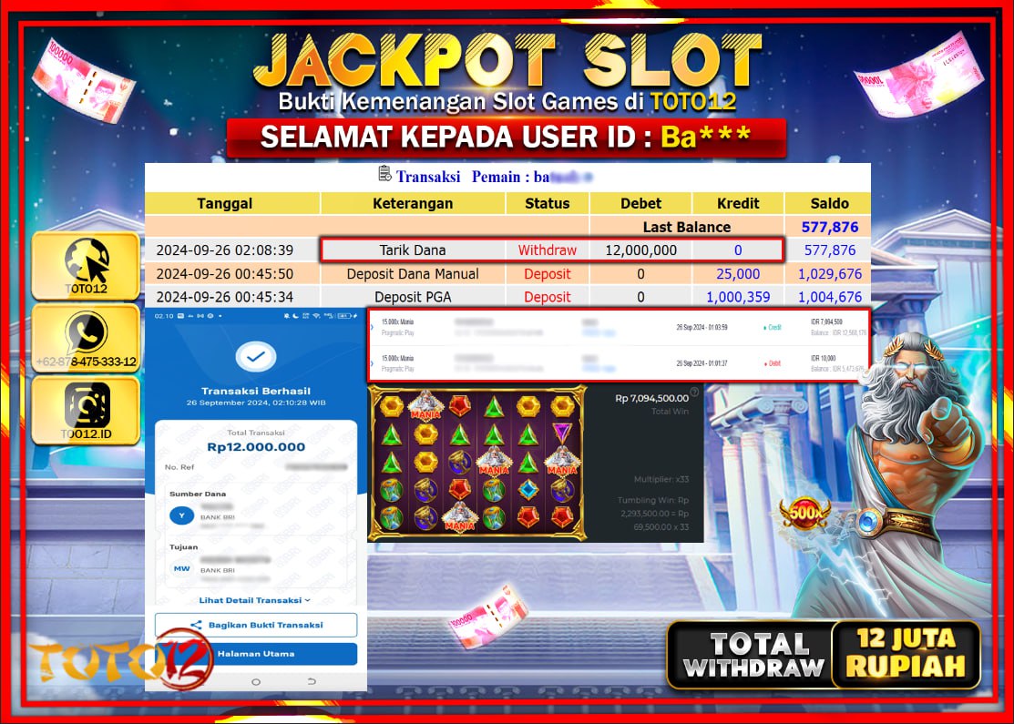HANYA DI TOTO12 JP PASTI DI BAYAR LUNAS DAN CEPAT!!!!!! JACKPOT SLOT GAME ( 15.000X MANIA ) Rp.12.000.000 !!!!