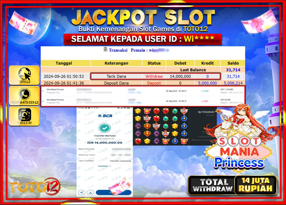 HANYA DI TOTO12 JP PASTI DI BAYAR LUNAS DAN CEPAT!!!!!! JACKPOT SLOT GAME ( SLOT MANIA PRINCESS ) Rp.14.000.000 !!!!