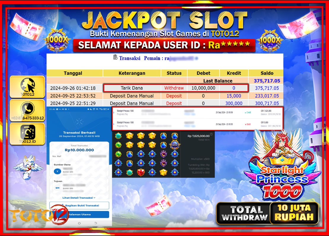 HANYA DI TOTO12 JP PASTI DI BAYAR LUNAS DAN CEPAT!!!!!! JACKPOT SLOT GAME ( STARLIGHT PRINCESS 1000 ) Rp.10.000.000 !!!!