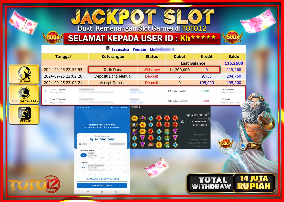 HANYA DI TOTO12 JP PASTI DI BAYAR LUNAS DAN CEPAT!!!!!! JACKPOT SLOT GAME ( GATES OF OLYMPUS ) Rp.14.000.000 !!!!