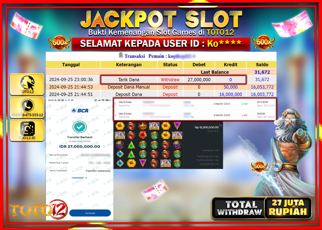 HANYA DI TOTO12 JP PASTI DI BAYAR LUNAS DAN CEPAT!!!!!! JACKPOT SLOT GAME ( GATES OF OLYMPUS ) Rp.27.000.000 !!!!