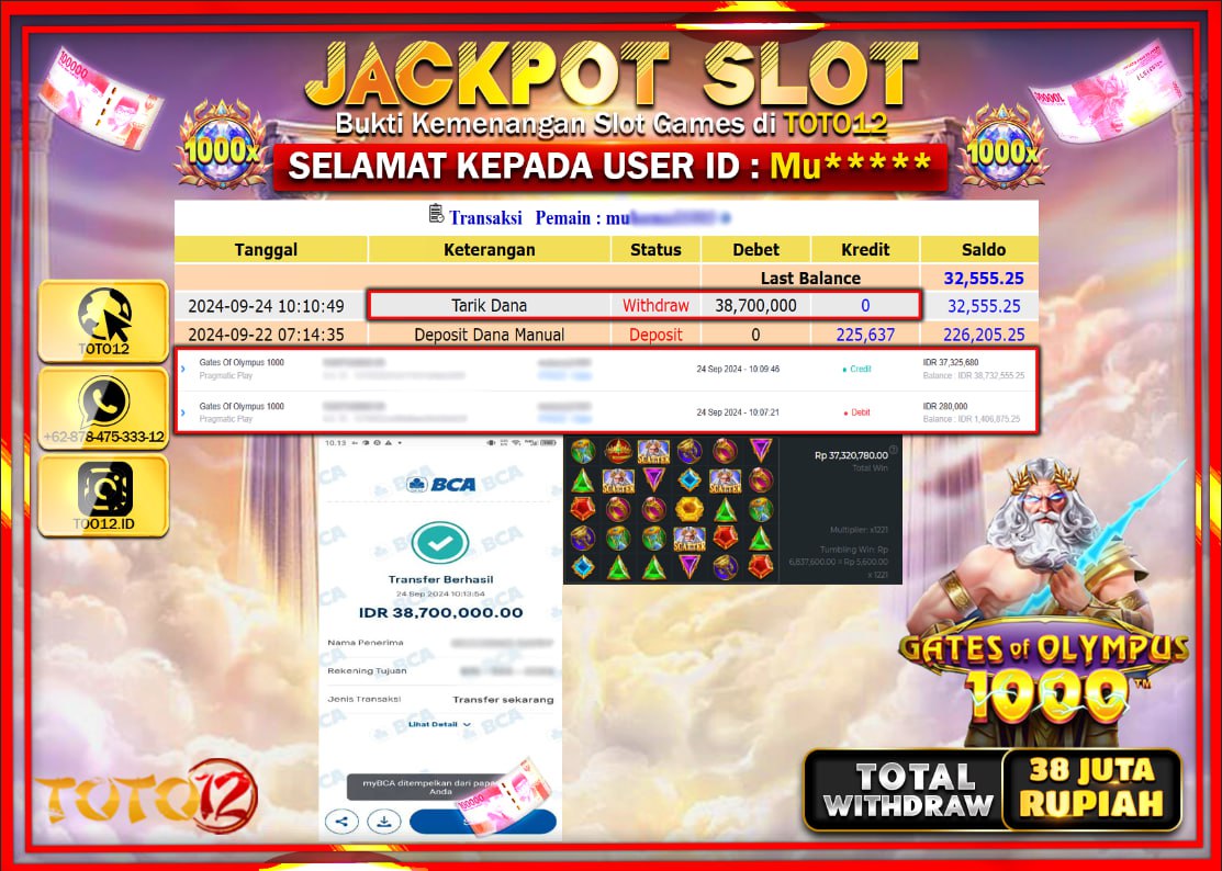 HANYA DI TOTO12 JP PASTI DI BAYAR LUNAS DAN CEPAT!!!!!! JACKPOT SLOT GAME ( GATES OF OLYMPUS 1000 ) Rp.38.000.000 !!!!