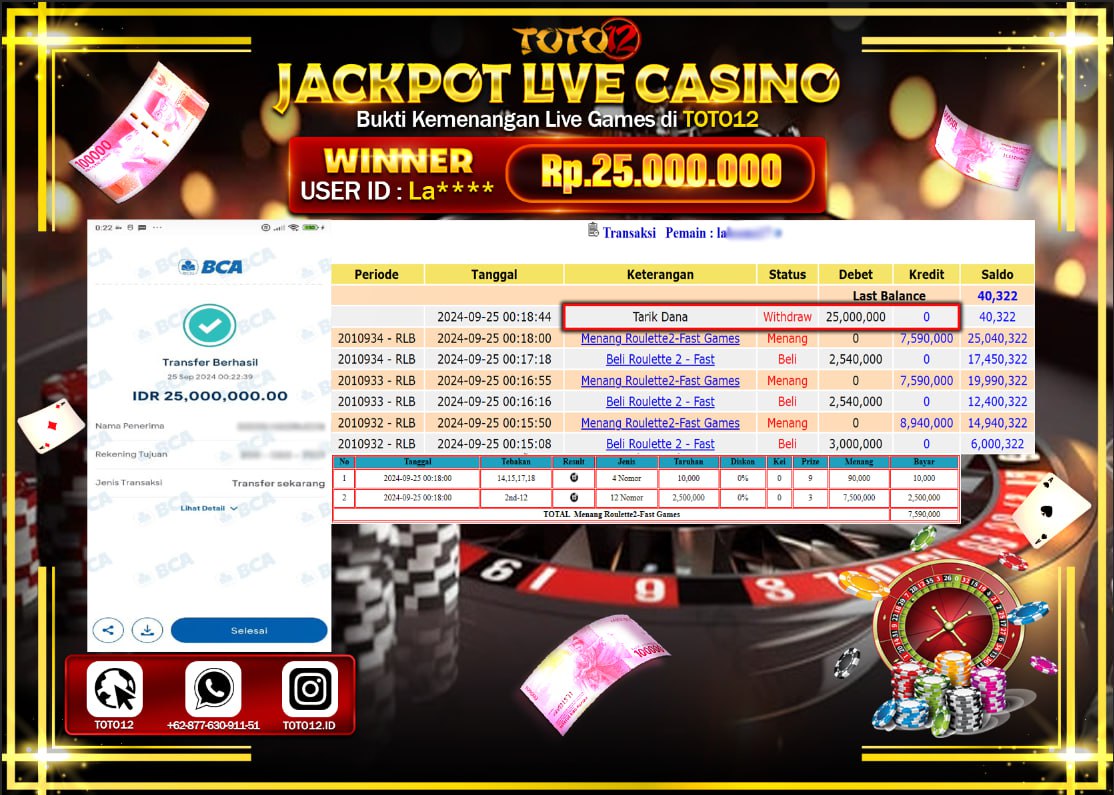 HANYA DI TOTO12 JP PASTI DI BAYAR LUNAS DAN CEPAT!!!!!! JACKPOT LIVE GAME  ( ROULETTE 2 FAST GAMES ) Rp.25.00.000 !!!!