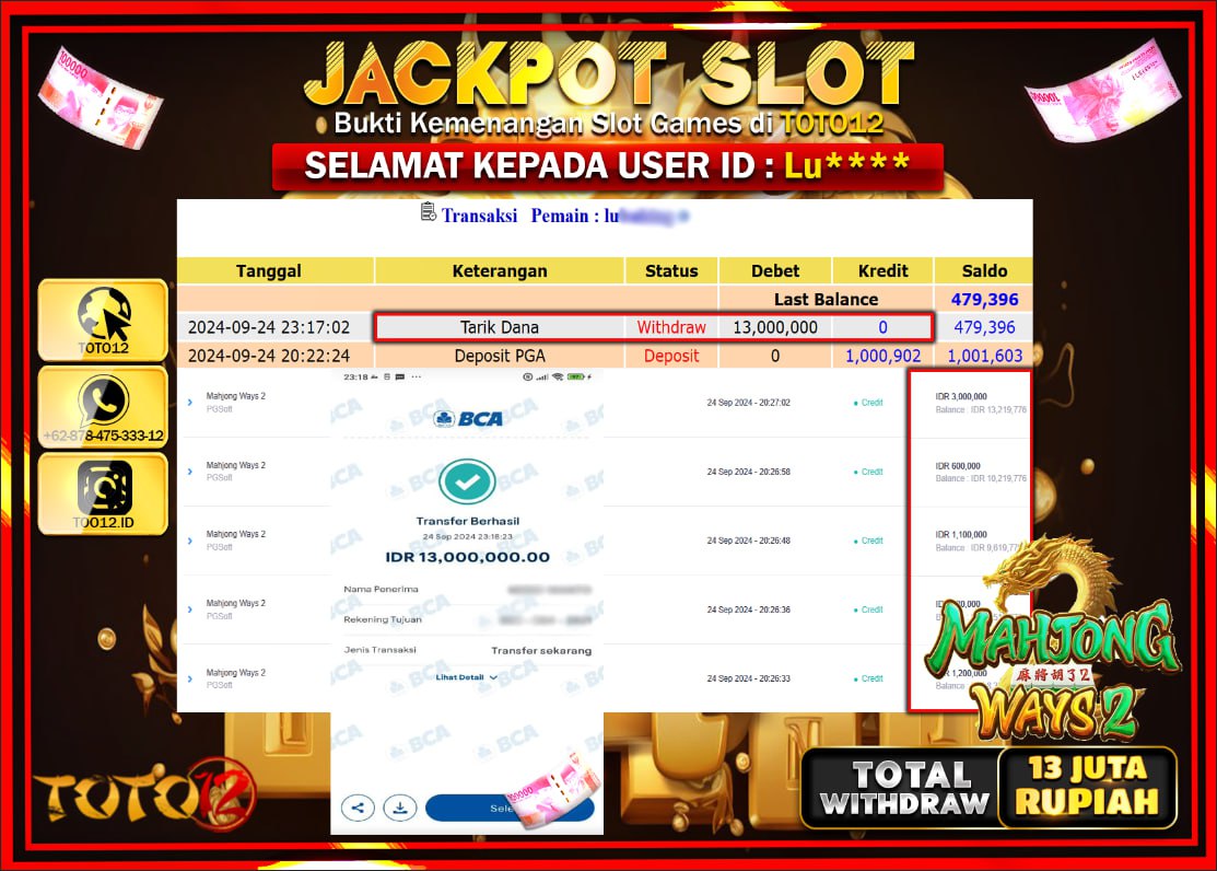 HANYA DI TOTO12 JP PASTI DI BAYAR LUNAS DAN CEPAT!!!!!! JACKPOT SLOT GAME ( MAHJONG WAYS 2 ) Rp.13.000.000 !!!!
