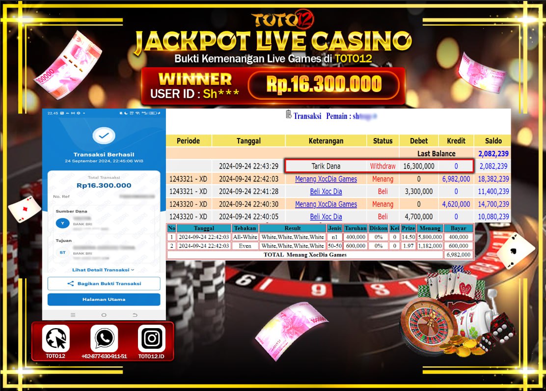 HANYA DI TOTO12 JP PASTI DI BAYAR LUNAS DAN CEPAT!!!!!! JACKPOT LIVE GAME  ( XOCDIA ) Rp.16.300.000 !!!!