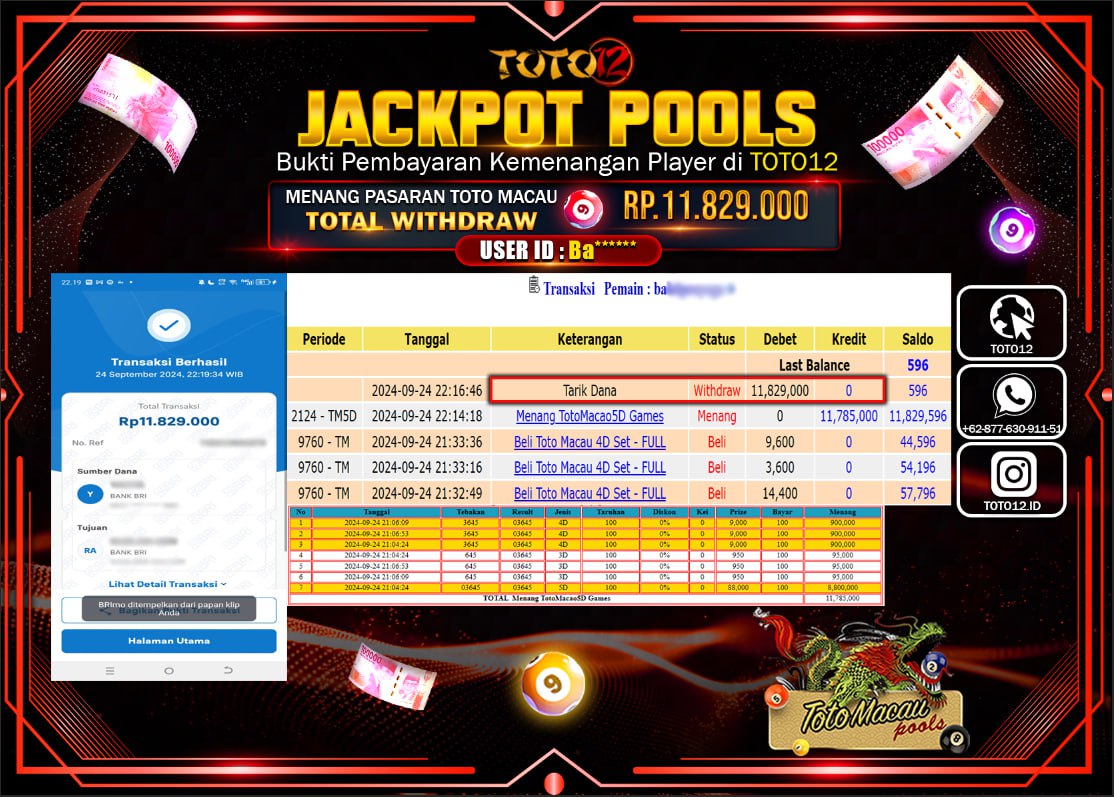 HANYA DI TOTO12 JP PASTI DI BAYAR LUNAS DAN CEPAT!!!!!! JACKPOT POOLS MENANG PASARAN ( TOTOMACAU4D ) Rp.11.829.000 !!!!