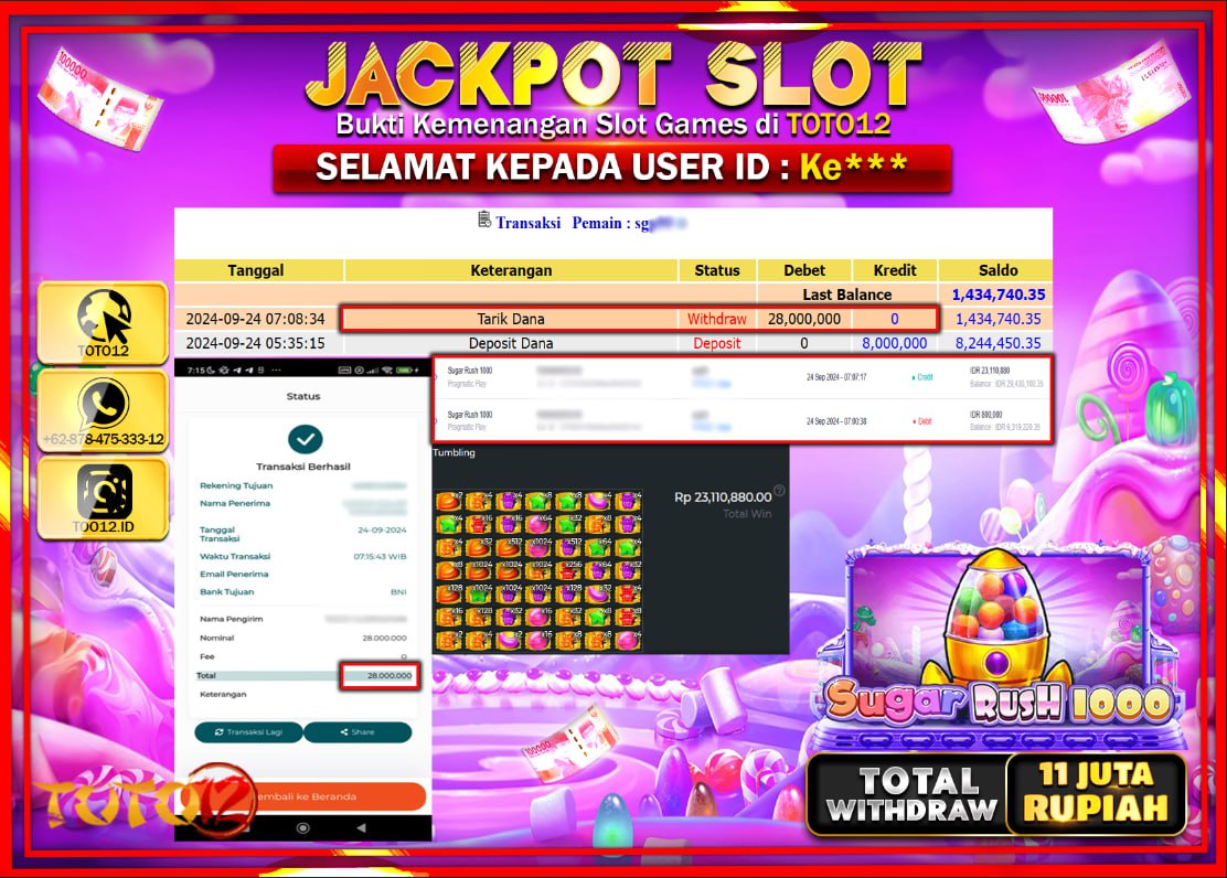 HANYA DI TOTO12 JP PASTI DI BAYAR LUNAS DAN CEPAT!!!!!! JACKPOT SLOT GAME ( SUGAR RUSH 1000 ) Rp.11.000.000 !!!!