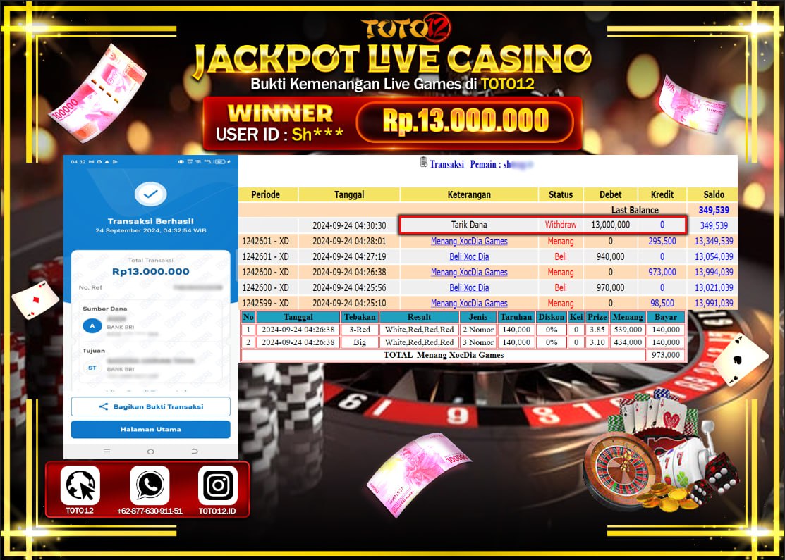 HANYA DI TOTO12 JP PASTI DI BAYAR LUNAS DAN CEPAT!!!!!! JACKPOT LIVE GAME  ( SOXDIA ) Rp.13.000.000 !!!!