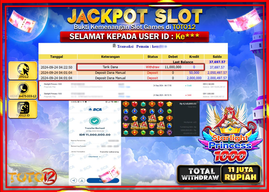 HANYA DI TOTO12 JP PASTI DI BAYAR LUNAS DAN CEPAT!!!!!! JACKPOT SLOT GAME ( STARLIGHT PRINCESS 1000 ) Rp.11.000.000 !!!!