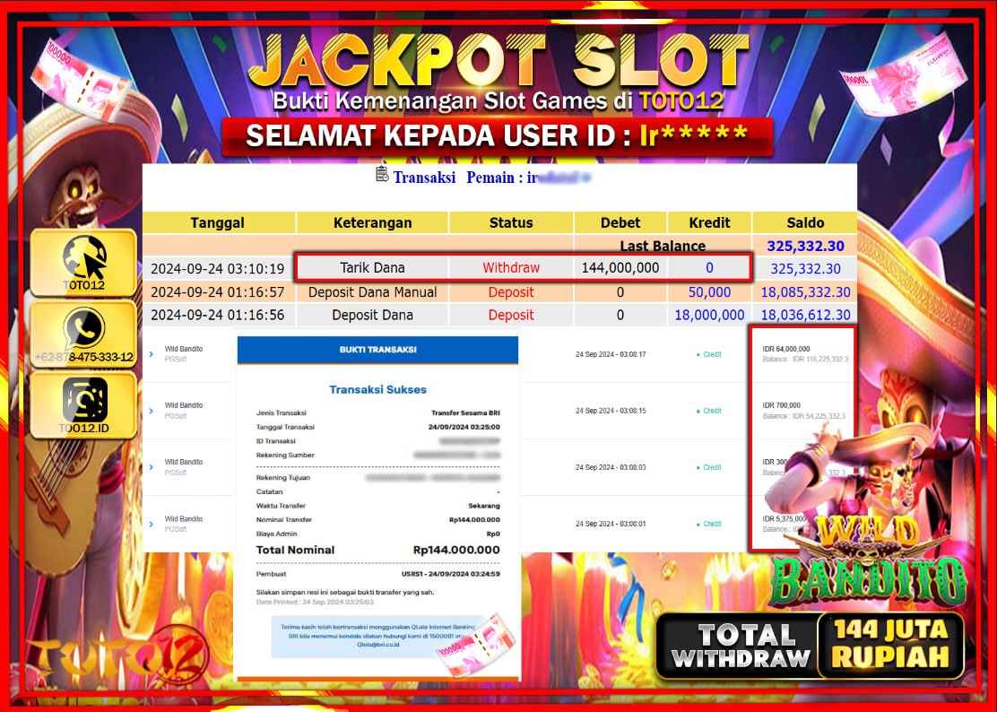 HANYA DI TOTO12 JP PASTI DI BAYAR LUNAS DAN CEPAT!!!!!! JACKPOT SLOT GAME ( WILD BANDITO ) Rp.144.000.000 !!!!