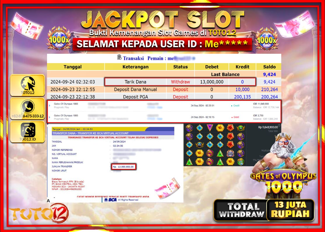 HANYA DI TOTO12 JP PASTI DI BAYAR LUNAS DAN CEPAT!!!!!! JACKPOT SLOT GAME ( GATES OF OLYMPUS 1000 ) Rp.13.000.000 !!!!