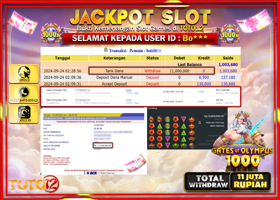HANYA DI TOTO12 JP PASTI DI BAYAR LUNAS DAN CEPAT!!!!!! JACKPOT SLOT GAME ( GATES OF OLYMPUS 1000 ) Rp.11.000.000 !!!!