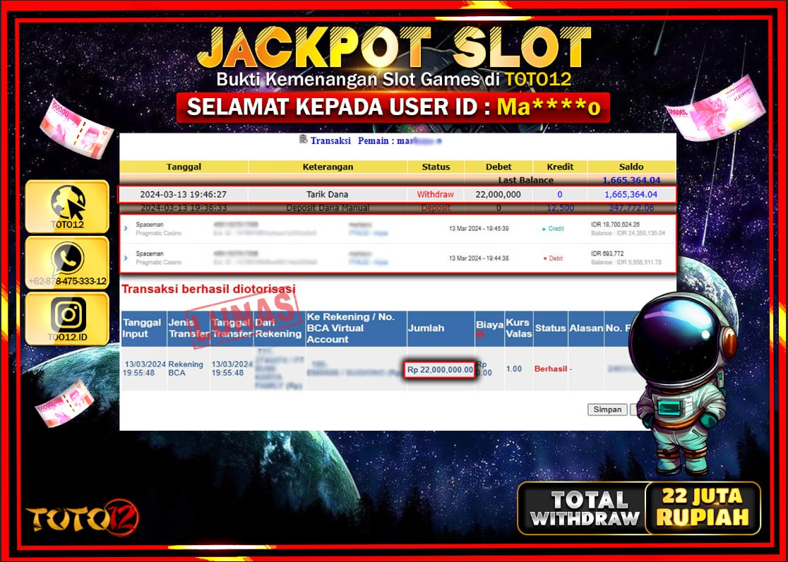 HANYA DI TOTO12 JP PASTI DI BAYAR LUNAS DAN CEPAT!!!!!! JACKPOT SLOT GAME { SPACEMAN } Rp.22.000.000 !!!!!