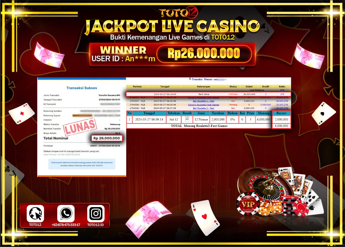 HANYA DI TOTO12 JP PASTI DI BAYAR LUNAS DAN CEPAT!!!!!! JACKPOT LIVE CASINO GAME ( ROULETTE 2 ) Rp.26.000.000 !!!!