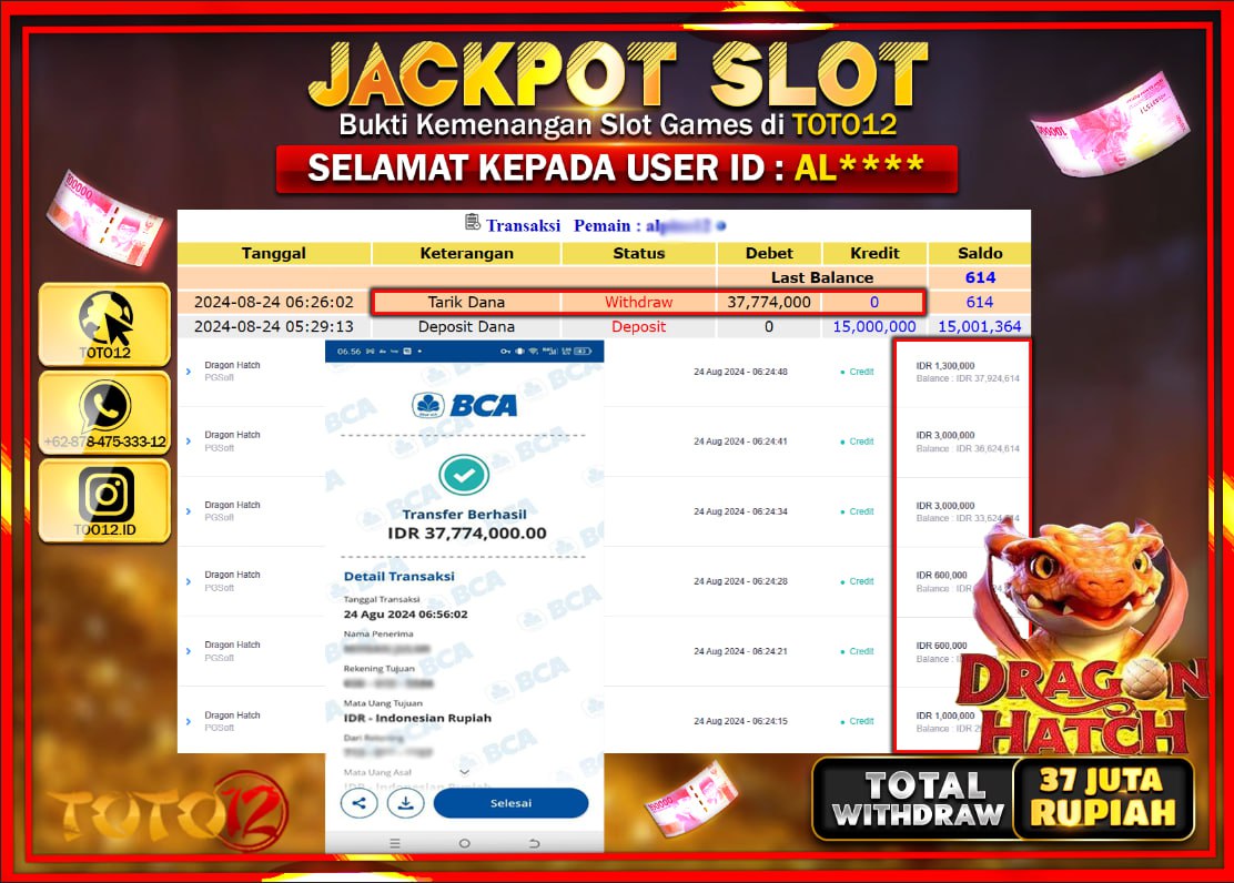 HANYA DI TOTO12 JP PASTI DI BAYAR LUNAS DAN CEPAT!!!!!! JACKPOT SLOT GAME ( DRAGON HATCH ) Rp.37.000.000 !!!!