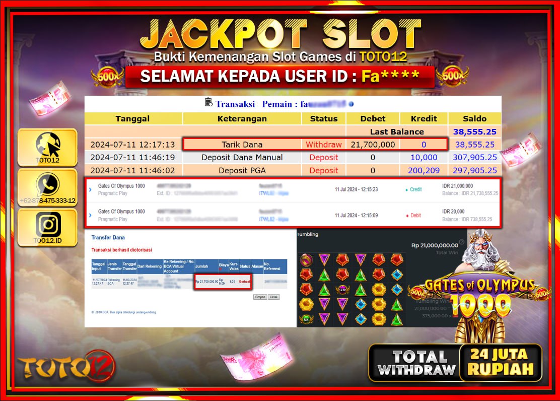 HANYA DI TOTO12 JP PASTI DI BAYAR LUNAS DAN CEPAT!!!!!! JACKPOT SLOT GAME ( GATES OF OLYMPUS 1000 ) Rp.24.000.000 !!!!