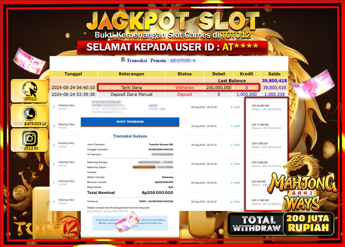 HANYA DI TOTO12 JP PASTI DI BAYAR LUNAS DAN CEPAT!!!!!! JACKPOT SLOT GAME ( MAHJONG WAYS ) Rp.200.000.000 !!!!