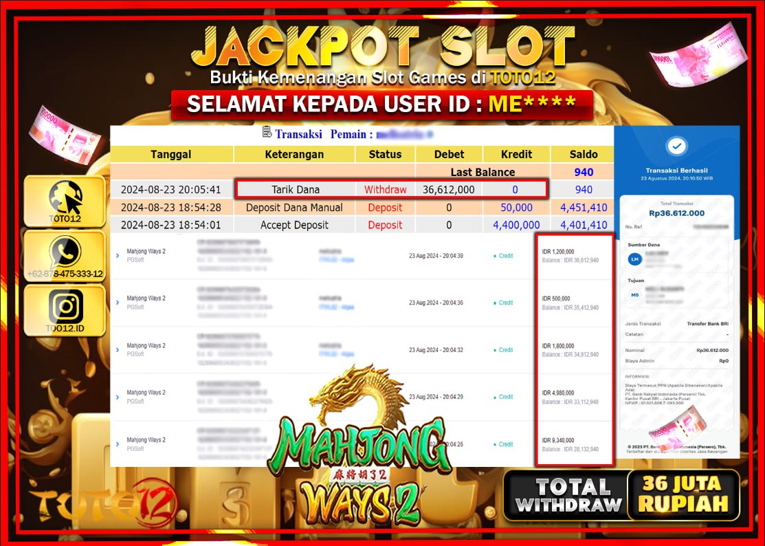 HANYA DI TOTO12 JP PASTI DI BAYAR LUNAS DAN CEPAT!!!!!! JACKPOT SLOT GAME ( MAHJONG WAYS 2 ) Rp.36.000.000 !!!!